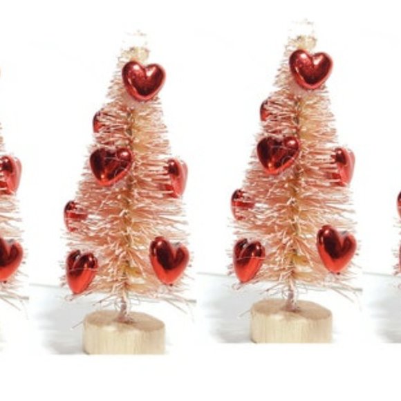 6pc Valentine's Day Decor Gift Set Mini Sisal Trees Pink w/Red Metallic Hearts - Picture 2 of 2